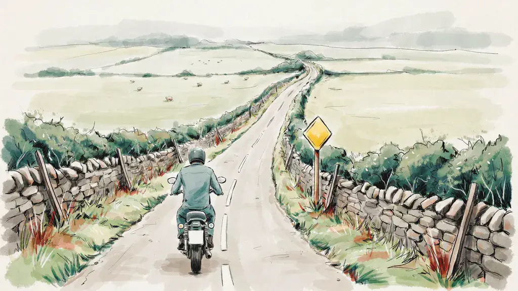 Illustration of a motorcyclist riding away up a long rural Irish road between stone walls