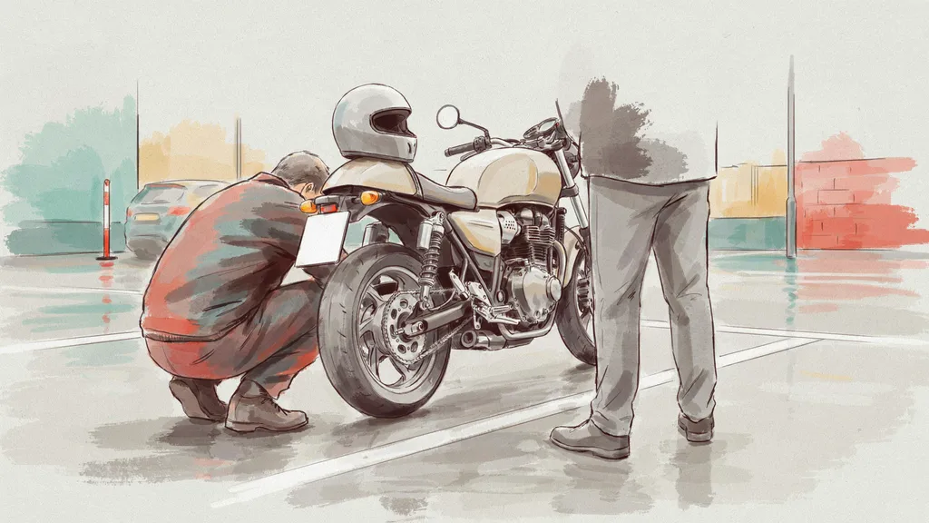 Illustration of a rider crouching to check a motorcycle's rear tyre and chain while a tester stands beside the bike
