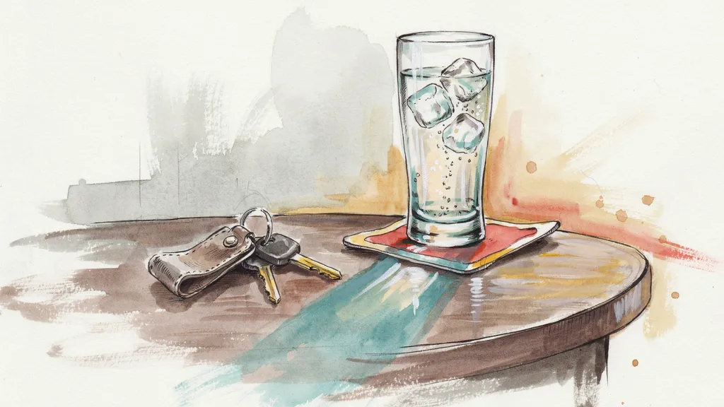 Illustration of car keys beside a glass of sparkling water on a pub table