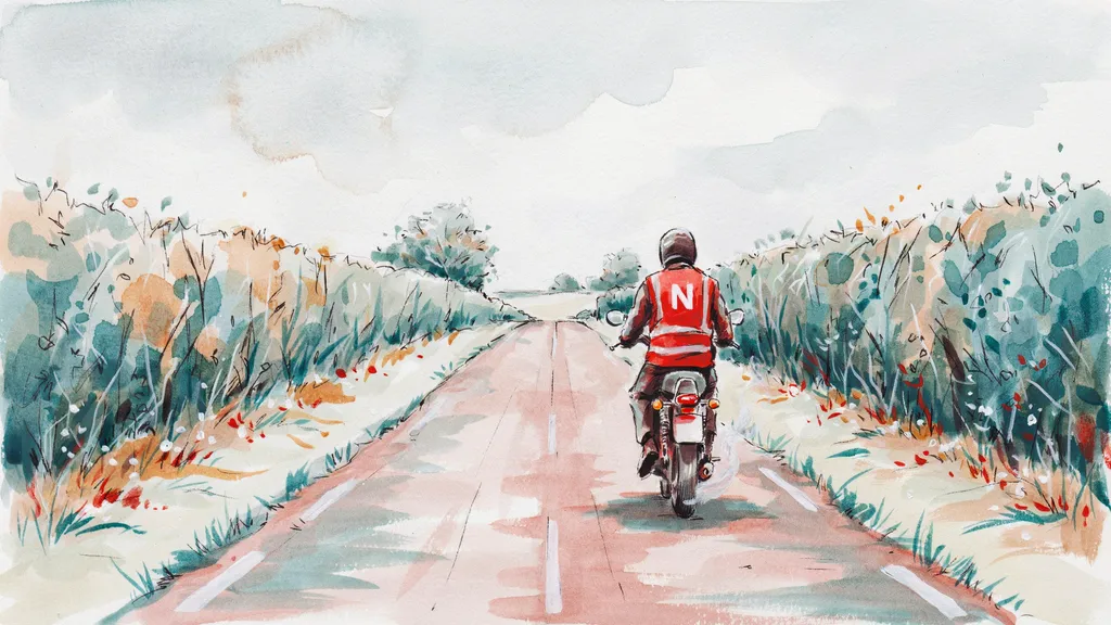 Illustration of a motorcyclist riding away wearing a red high-visibility N-tabard