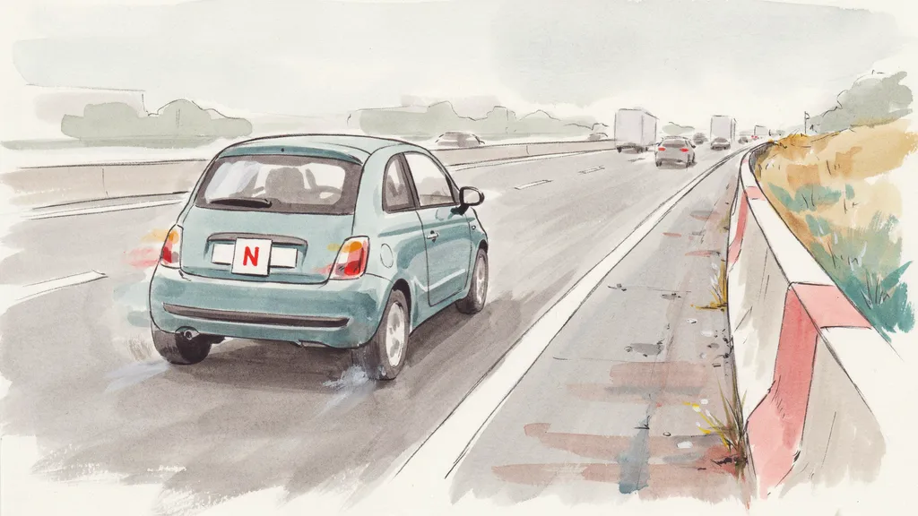 Illustration of a car displaying a red N-plate joining an Irish motorway