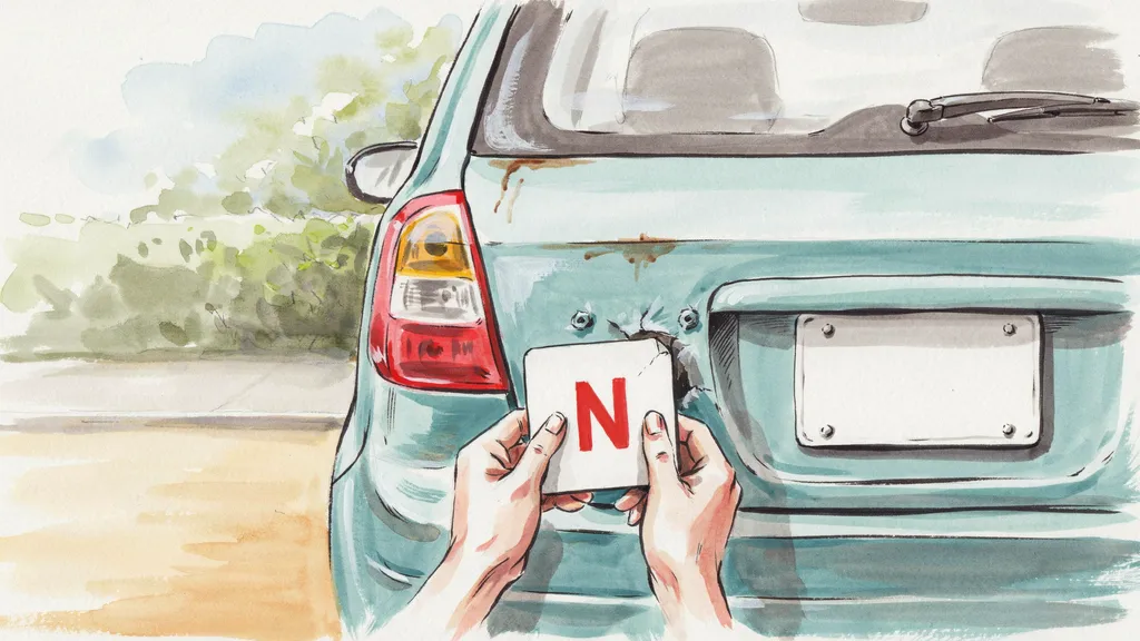 Illustration of two hands taking a red N-plate off the tailgate of a car