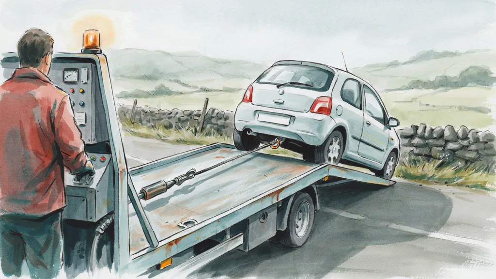 Illustration of a small hatchback being winched onto the flatbed of a roadside recovery truck on a grey Irish afternoon