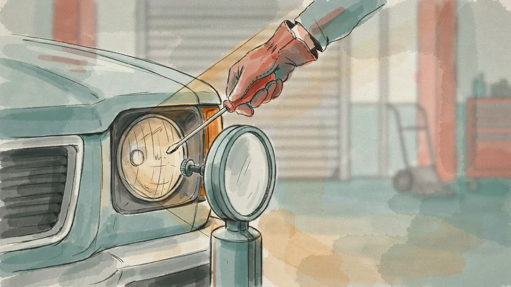 Illustration of a gloved hand adjusting a headlight aim screw while a beam-setting device sits in front of the lit headlamp