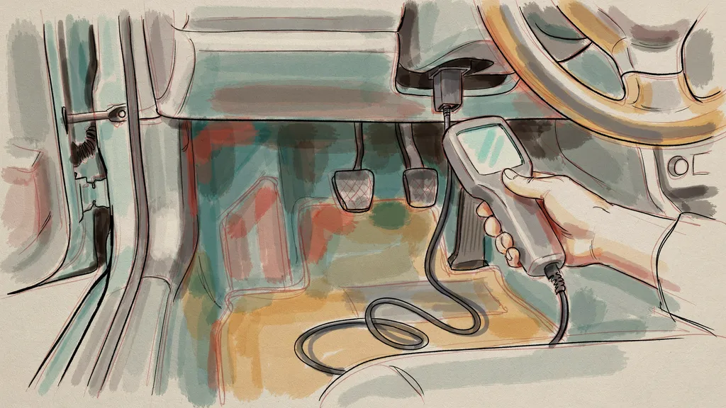 Illustration of a hand plugging a handheld diagnostic scanner into the OBD socket under the steering column of a right-hand-drive car