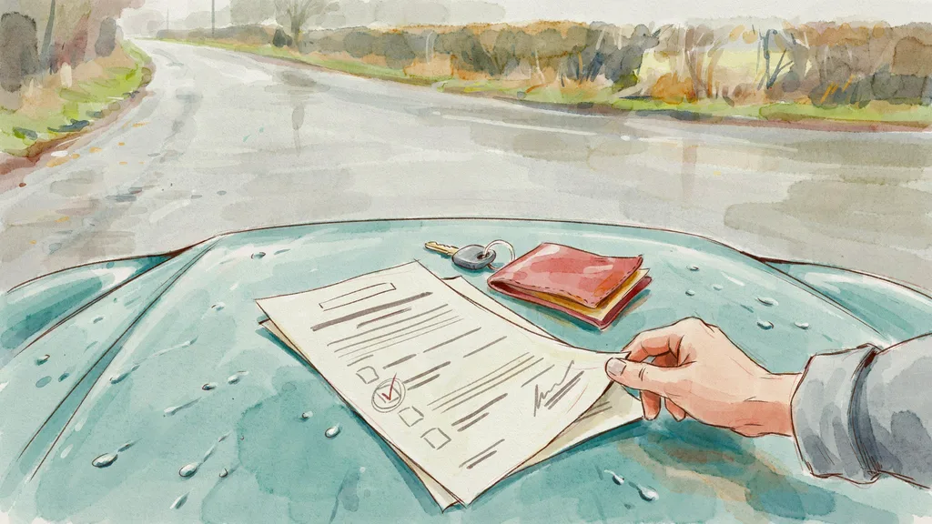 Illustration of a printed Vehicle Inspection Report sheet with ruled rows resting on a car bonnet, one row circled in pencil