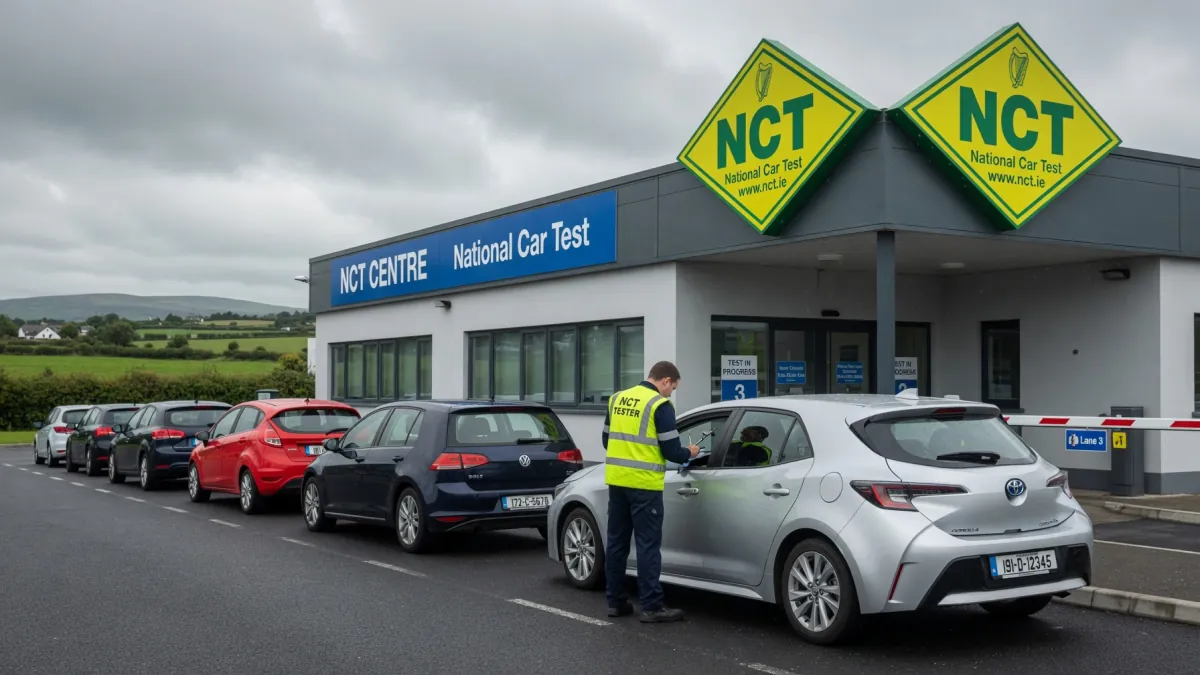 Cars queueing at an NCT centre in Ireland with a tester inspecting a vehicle