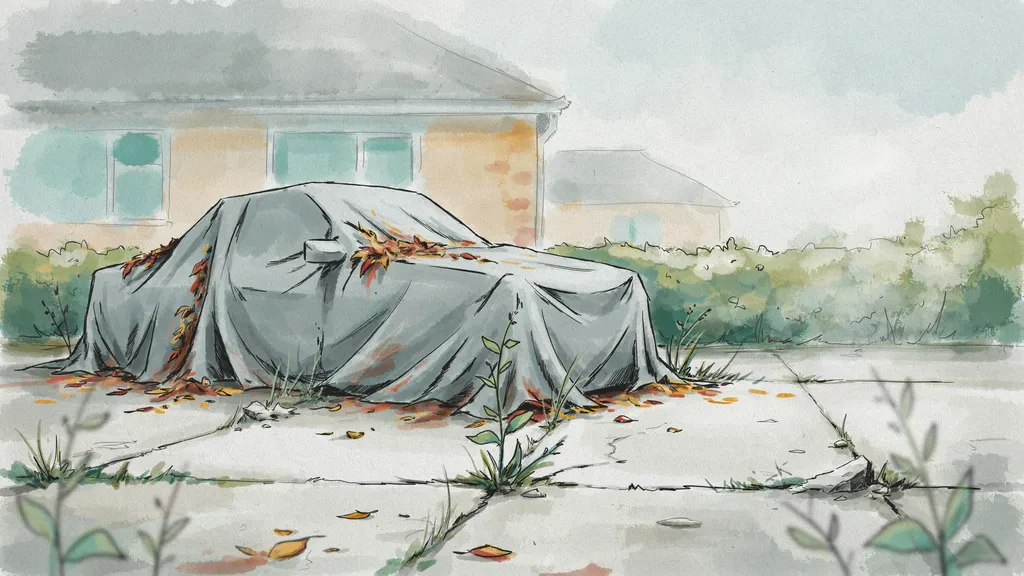 Illustration of a car left under a dust sheet on a cracked driveway with weeds growing around it