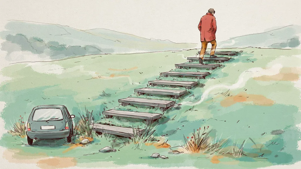 Illustration of a person climbing a flight of rising wooden steps in an Irish field, with a small car parked at the bottom