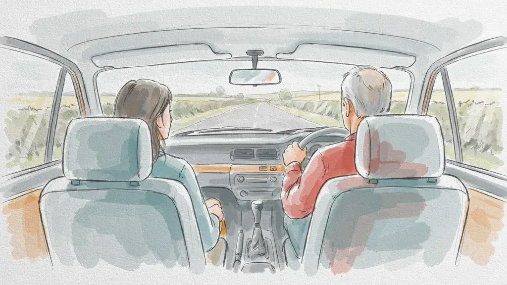 Illustration of a parent driving from the right-hand seat while a young adult sits in the left passenger seat