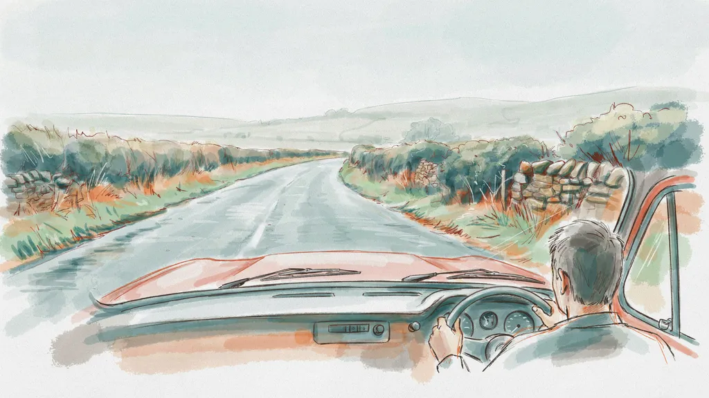 Illustration of a driver at the right-hand-side steering wheel of a car on an empty Irish country road