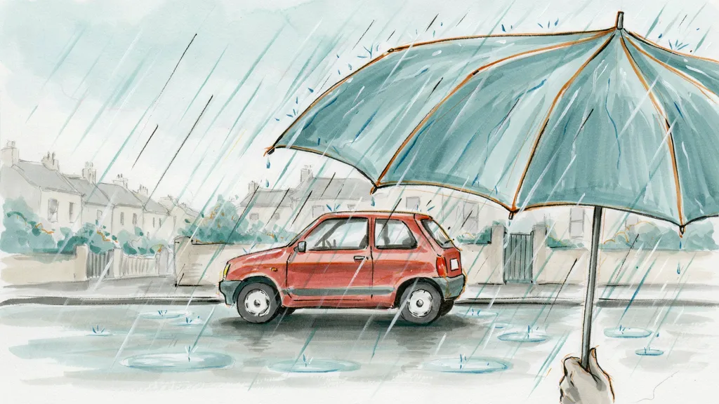 Illustration of a hand holding a large umbrella over a small parked car in heavy rain