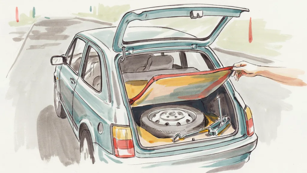Illustration of a hand lifting the boot floor panel of a hatchback to reveal the spare wheel and jack