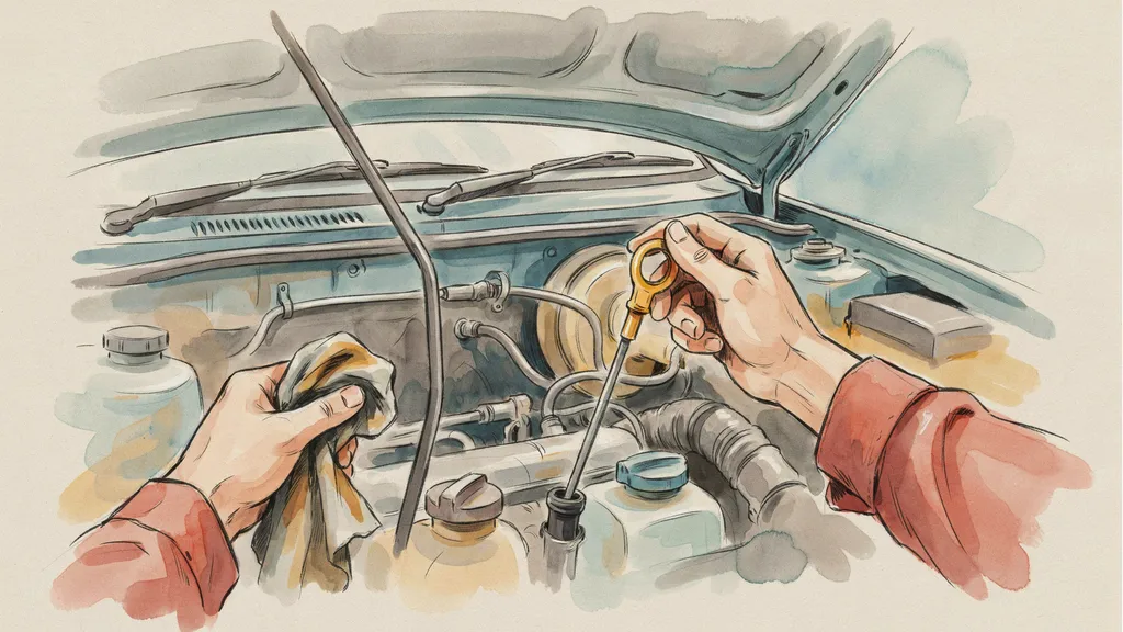 Illustration of hands drawing the oil dipstick from an engine bay with a rag ready to wipe it
