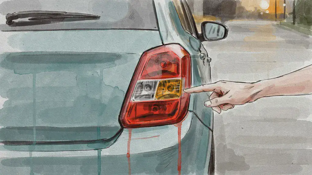 Illustration of a hand pointing at a glowing rear light cluster on a car at dusk