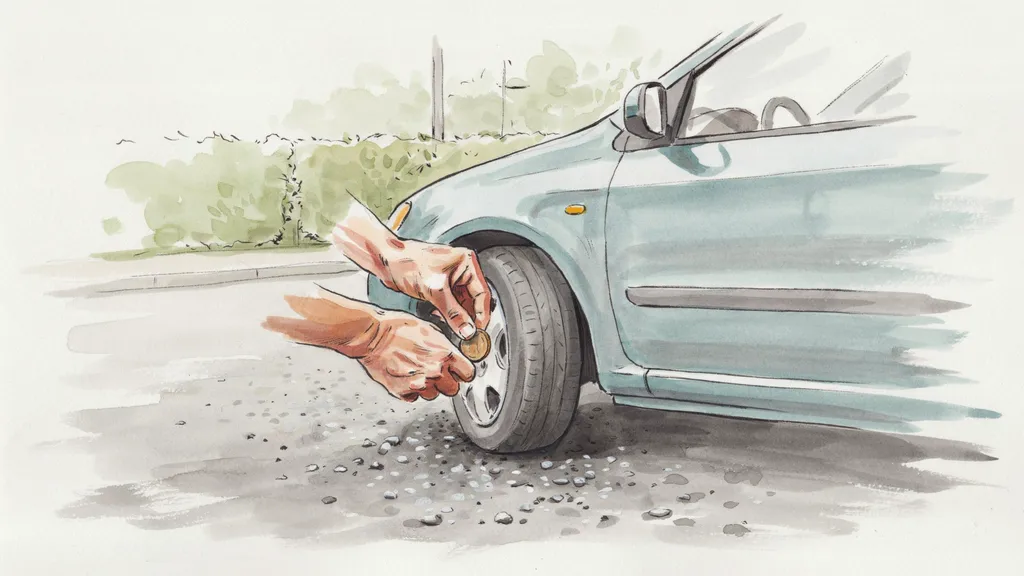 Illustration of hands pressing a coin into a car tyre tread groove to gauge depth