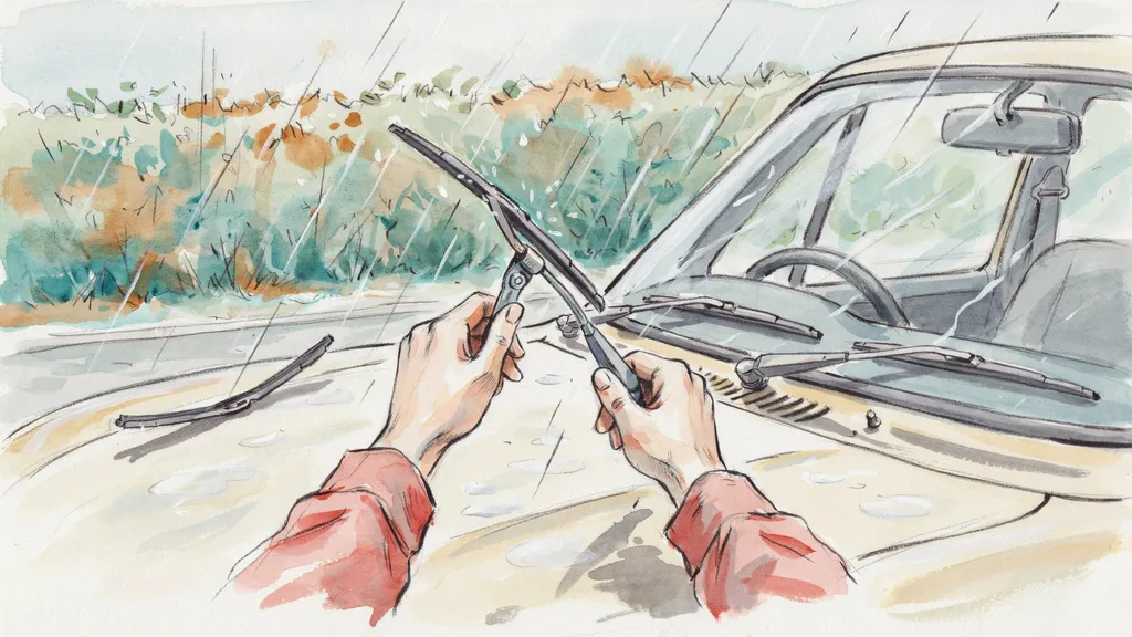 Illustration of hands clipping a new wiper blade onto a raised wiper arm on a right-hand-drive car