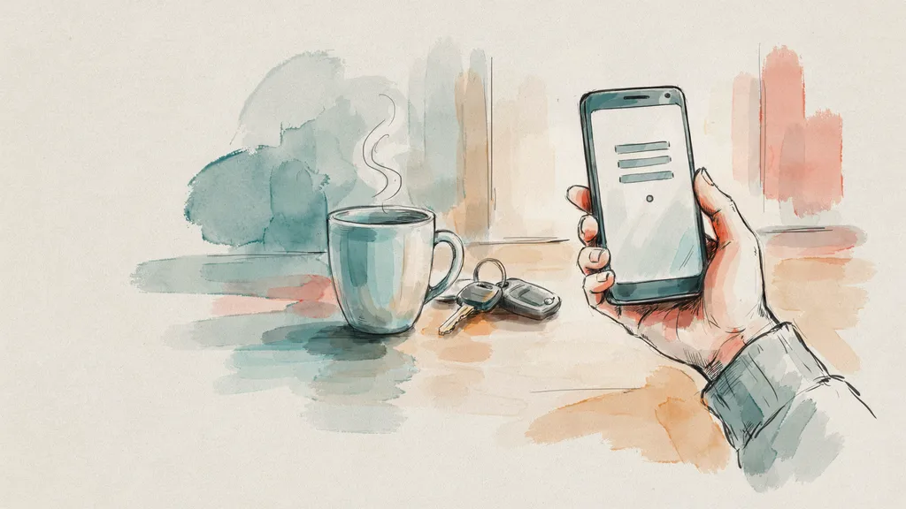 Illustration of a hand holding a phone showing an account screen, beside car keys and a mug