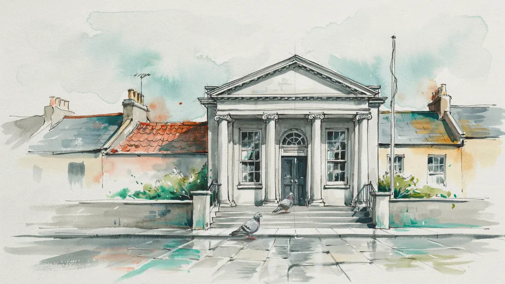 Illustration of the stone facade of a small Irish town courthouse