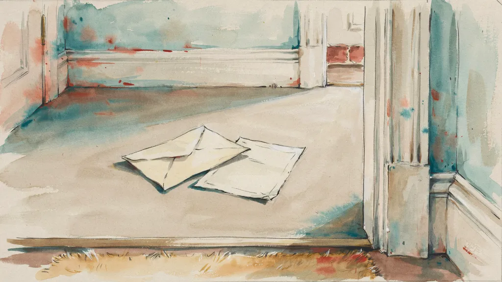 Illustration of an official envelope and notice lying on a hall floor inside a front door