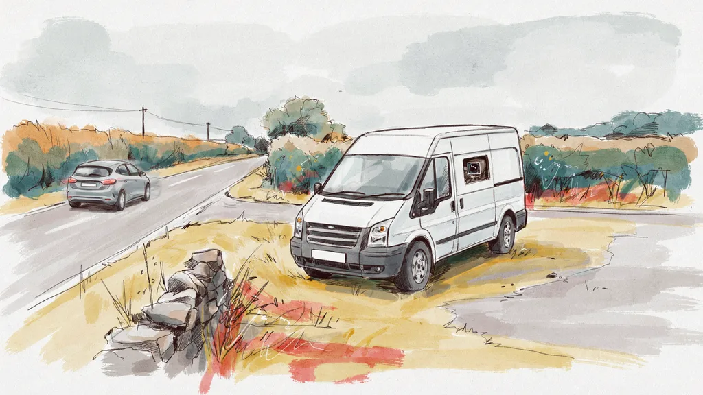 Illustration of a mobile speed-check van parked on a grass verge beside a rural road