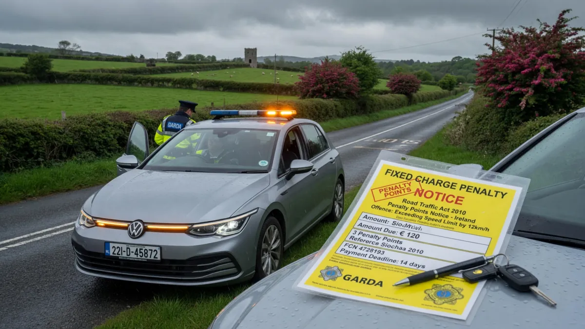 A Garda beside a patrol car on an Irish country road, with a Fixed Charge Penalty Notice for penalty points and a €120 speeding fine on the bonnet