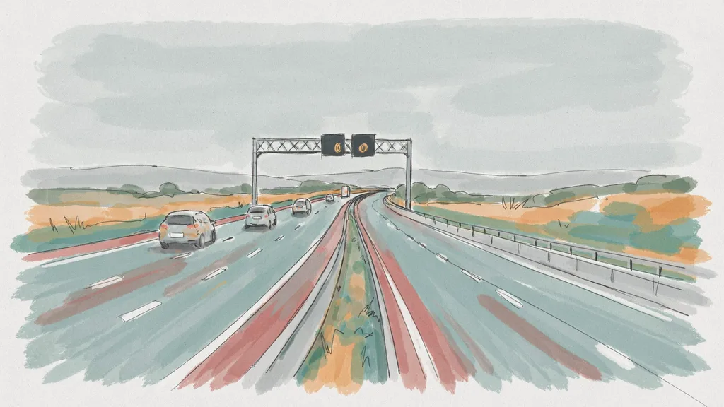 Illustration of an overhead motorway gantry carrying variable message signs above the carriageway