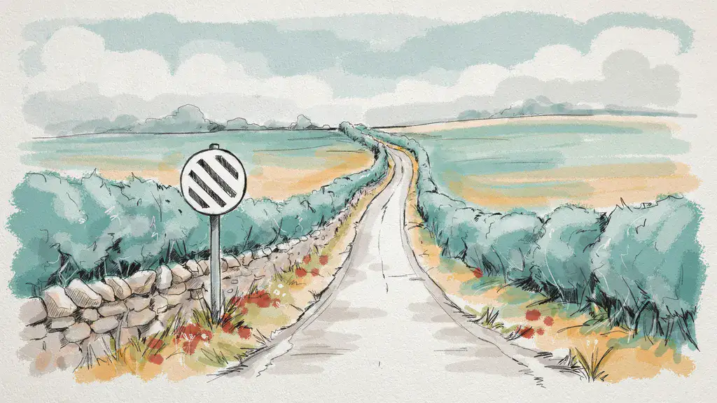Illustration of the Irish rural speed limit sign — a white disc with diagonal black lines — on a narrow country lane