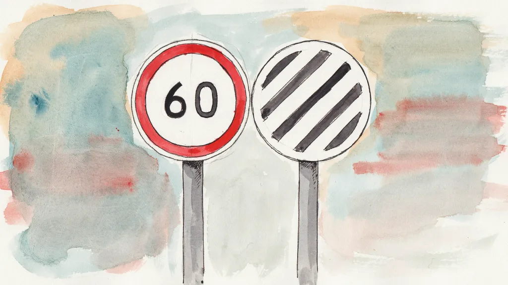 Illustration comparing two Irish speed limit signs — a red-bordered disc showing 60, and the white disc with diagonal black lines