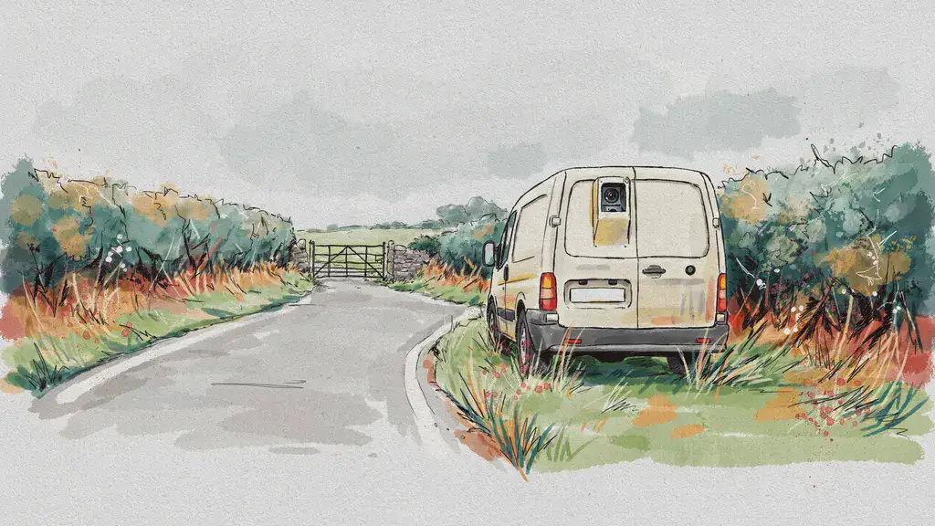 Illustration of a mobile speed camera van parked on the grass verge of a quiet Irish country road
