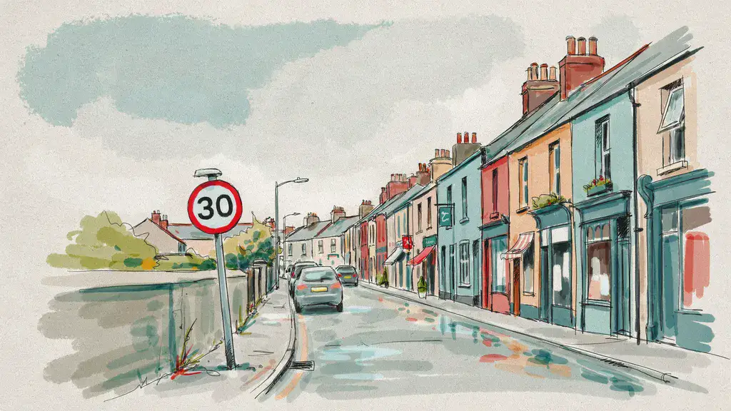 Illustration of a 30 km/h speed limit sign on a terraced shopfront street in a small Irish town