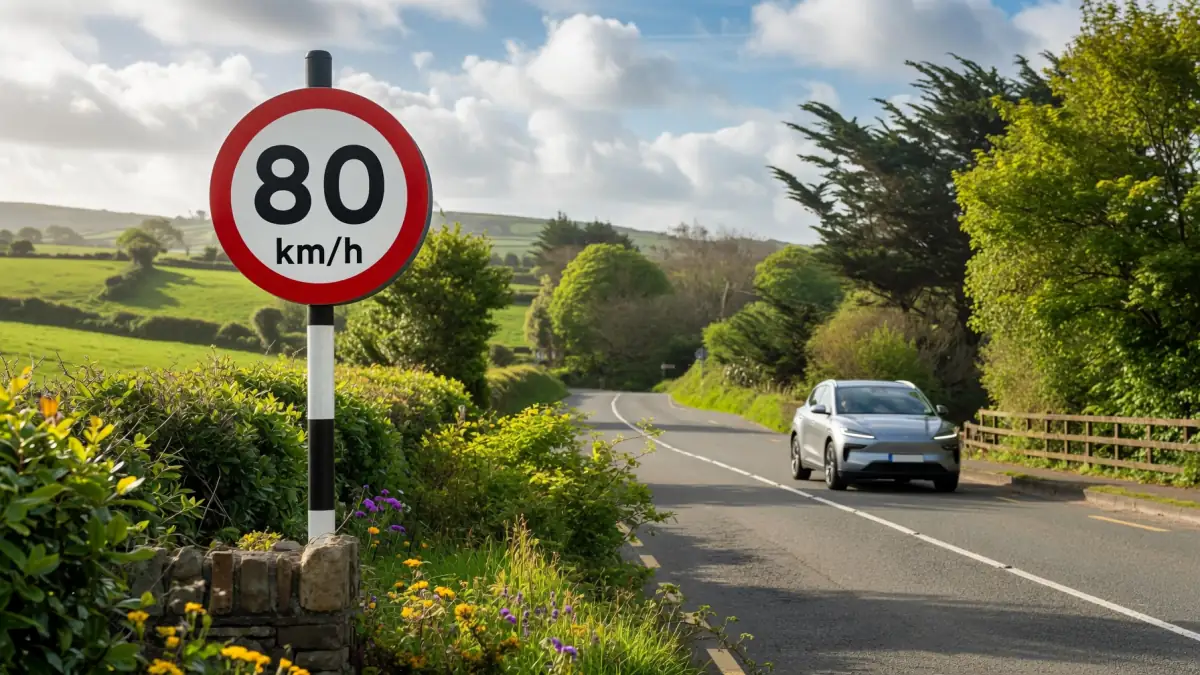 An 80 km/h speed limit sign on a rural Irish road with a car approaching, green fields and hedgerows behind