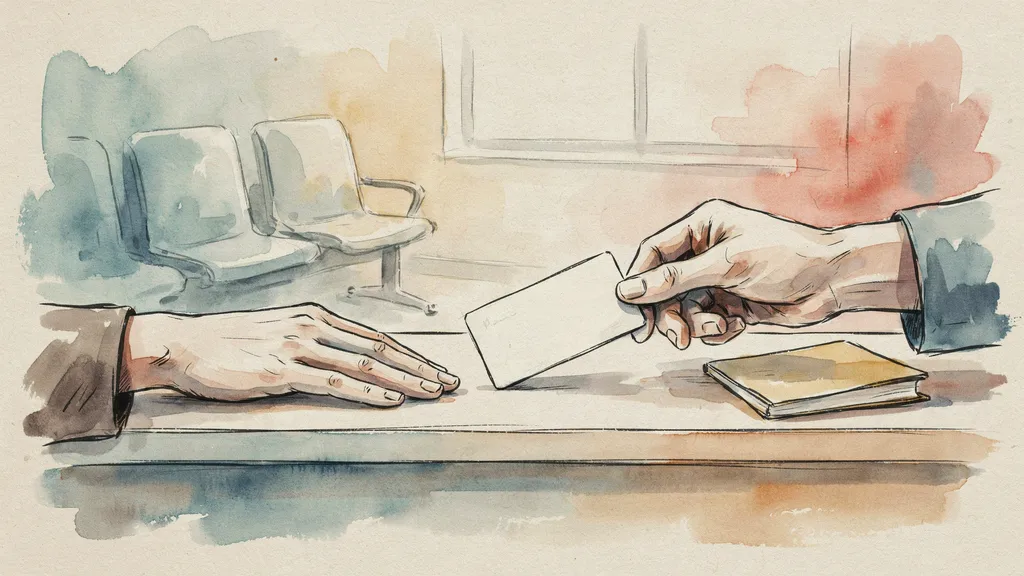 Illustration of hands passing a physical identity card across a reception counter