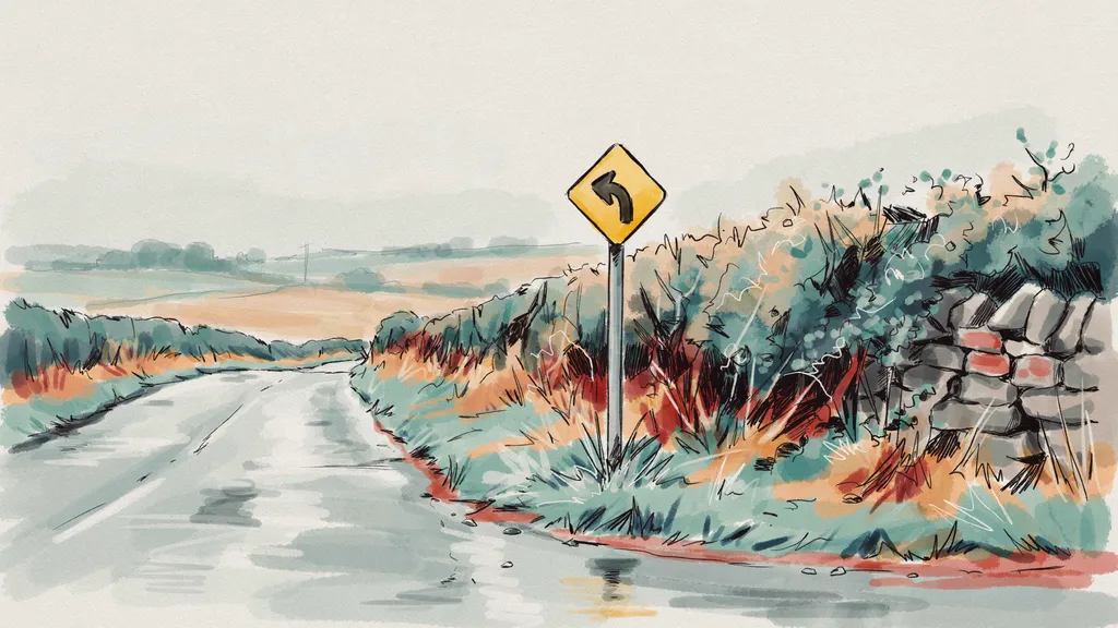 Illustration of a yellow diamond warning sign with a bend arrow beside a wet rural Irish road