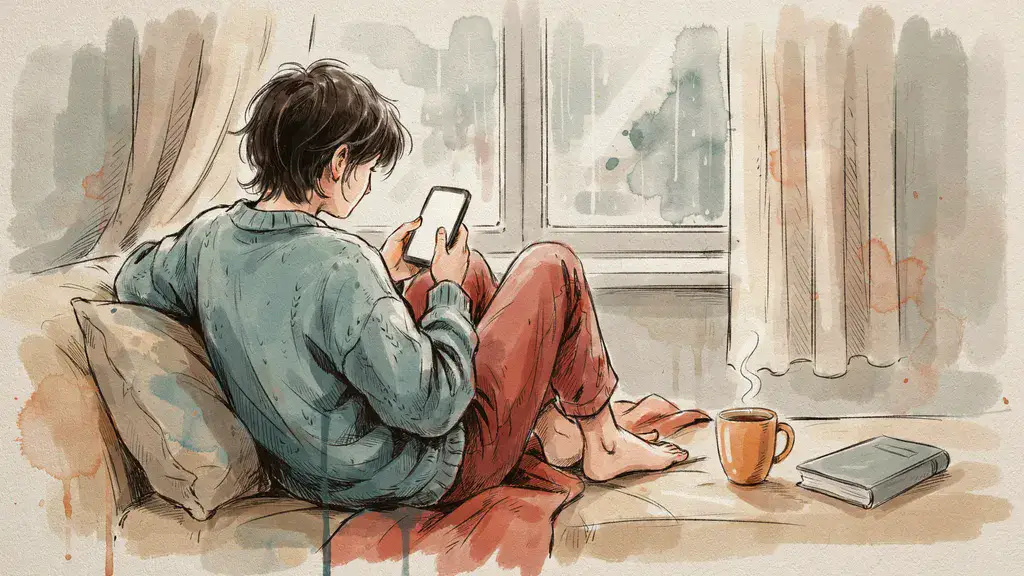 Illustration of a learner curled on a sofa by a rainy window working through practice questions on a phone