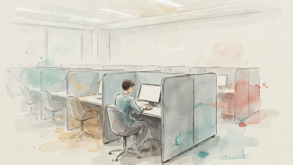 Illustration of a candidate seated at a partitioned touchscreen booth in a quiet theory test centre