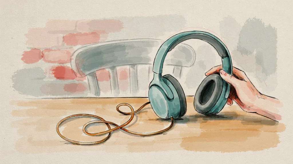 Illustration of a hand reaching for over-ear headphones resting on a bare desk
