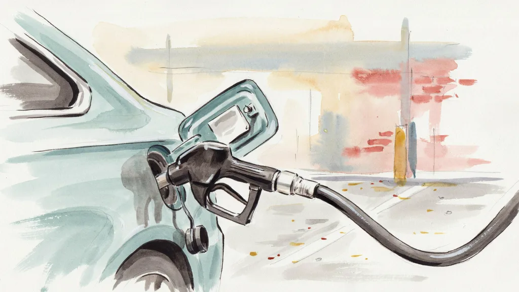 Illustration of a fuel pump nozzle inserted into the open filler neck of a car on a forecourt