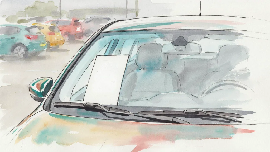 Illustration of a blank price card propped inside the windscreen of a car on a dealer forecourt