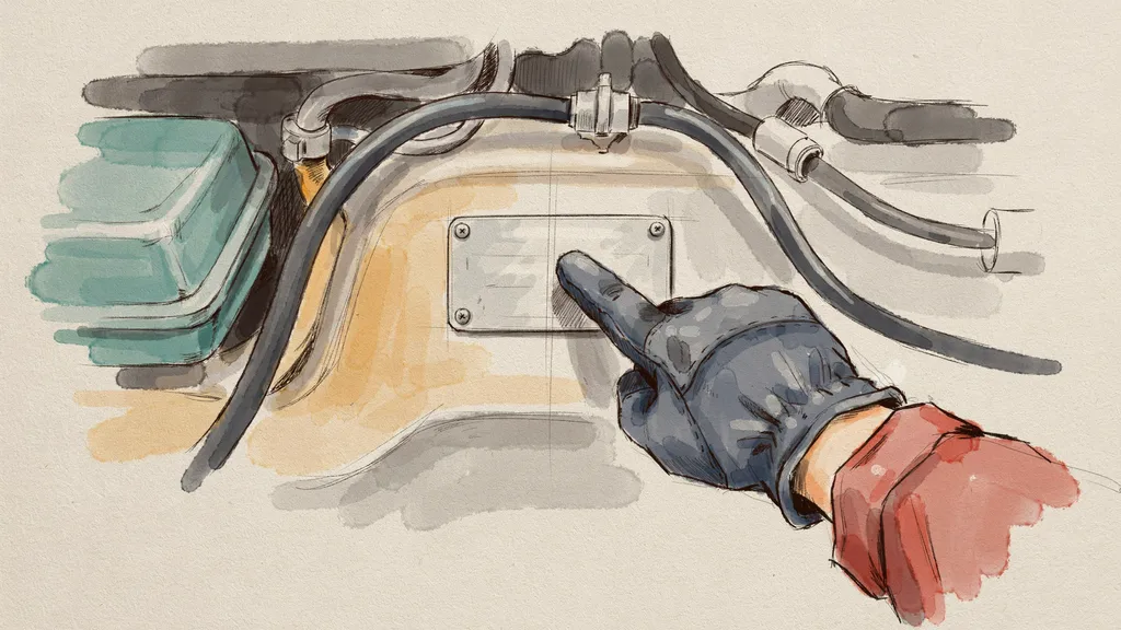 Illustration of a gloved hand pointing to the manufacturer's identification plate in a car's engine bay