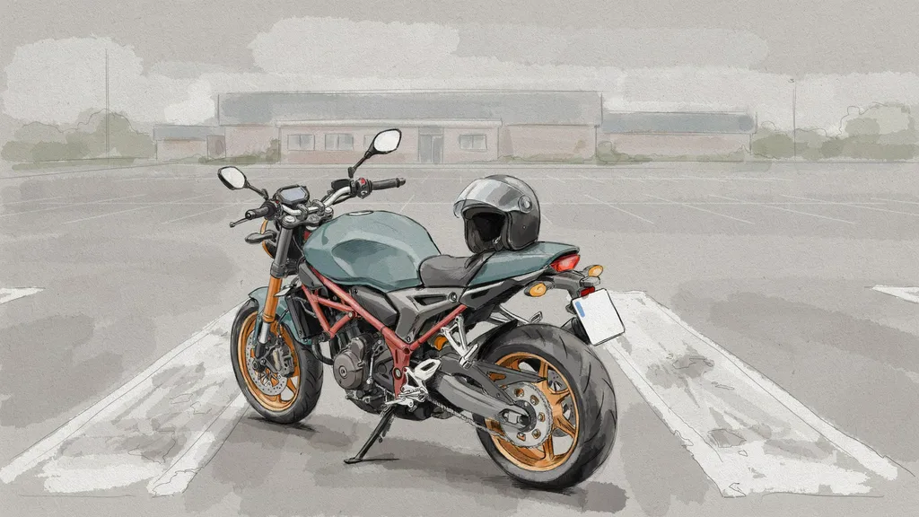 Illustration of a motorcycle on its side stand in a vehicle test centre car park with a helmet on the seat