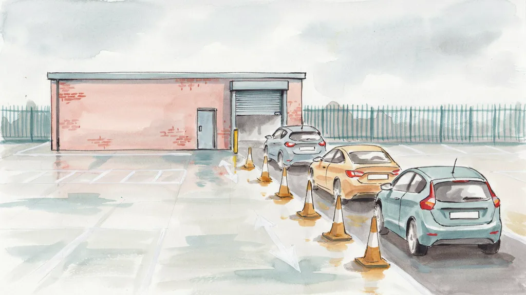 Illustration of cars queuing at the inspection bay of a vehicle test centre