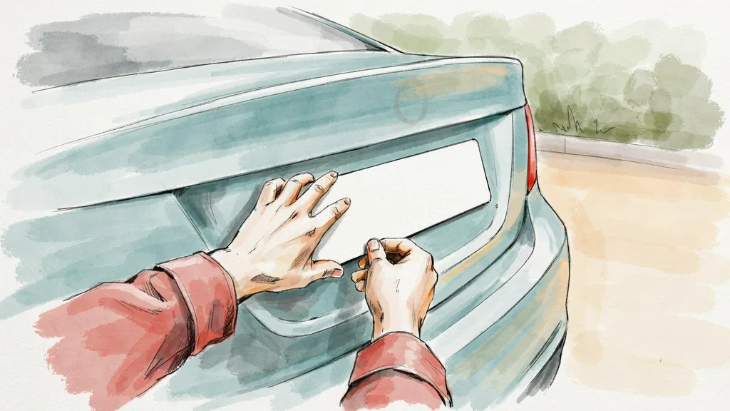 Illustration of two hands fitting a new blank Irish number plate to the rear of a car