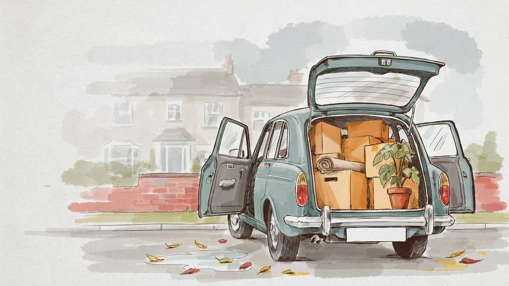 Illustration of an estate car on a driveway packed with moving boxes and a houseplant